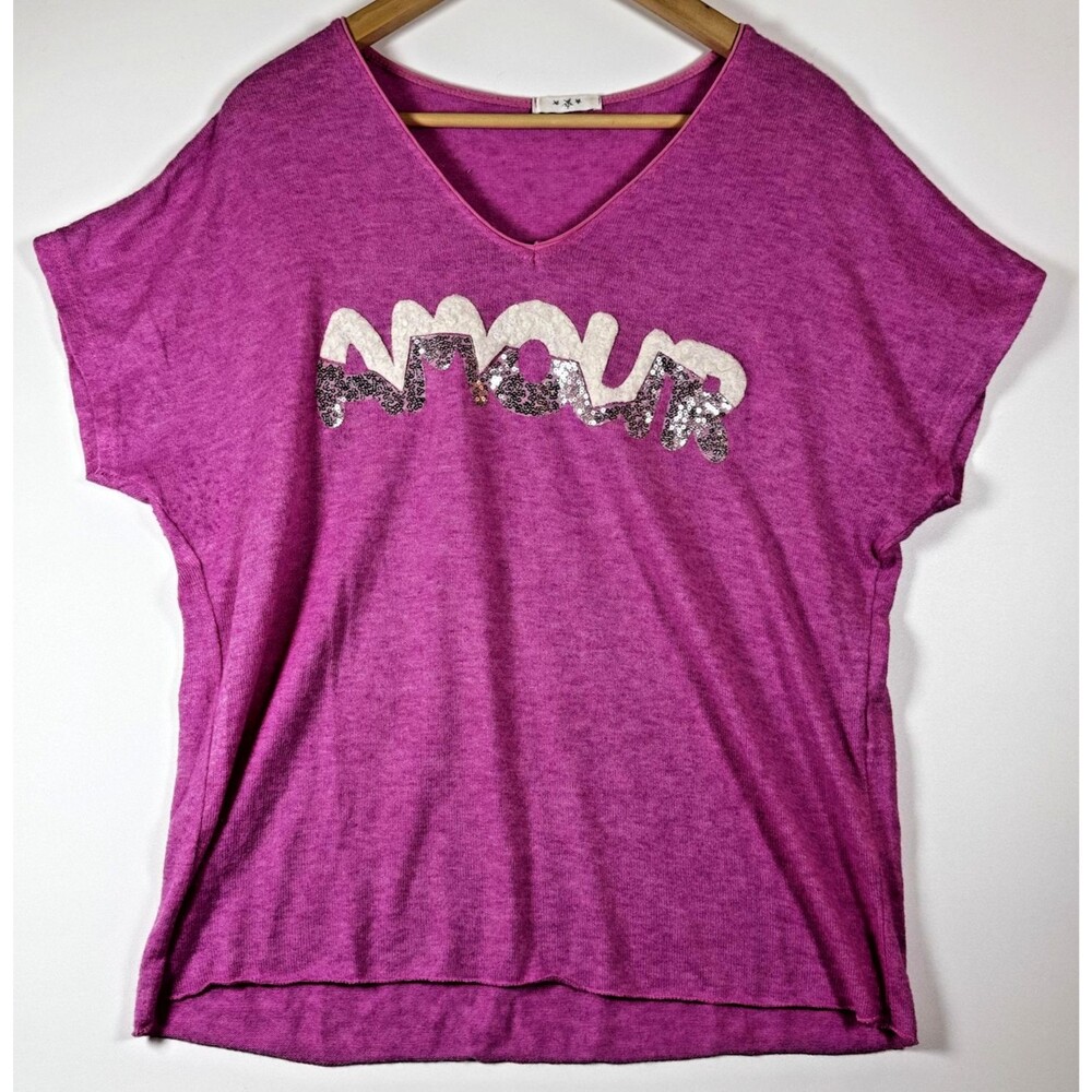 Amour Sweater Womens Large Pink Purple Sequin Wool Angora‎ Blend Made In Italy